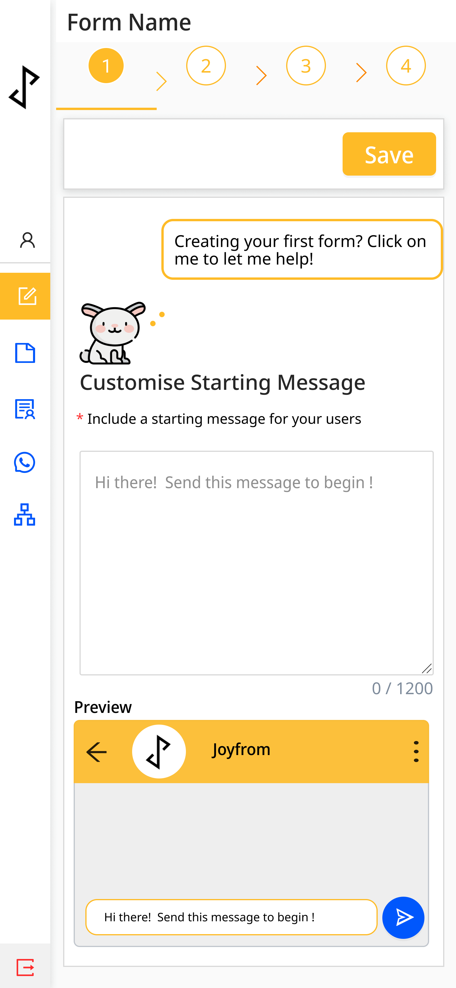 The mobile form-creation wizard’s first step, customising the starting WhatsApp message with a live preview.